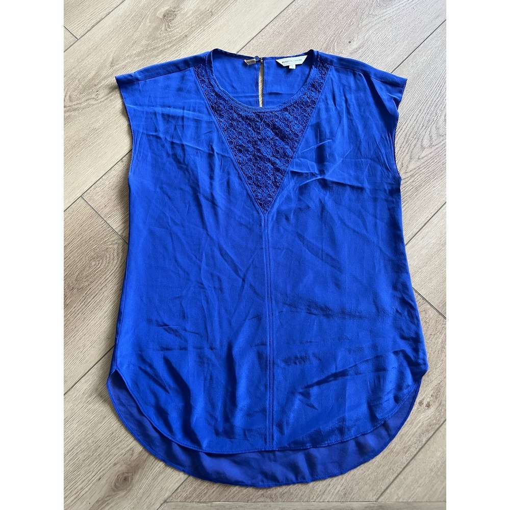 Rebecca Taylor Blue Lace V Neck Cap Sleeve High Low Silk Blend Women Top‎ Size 4